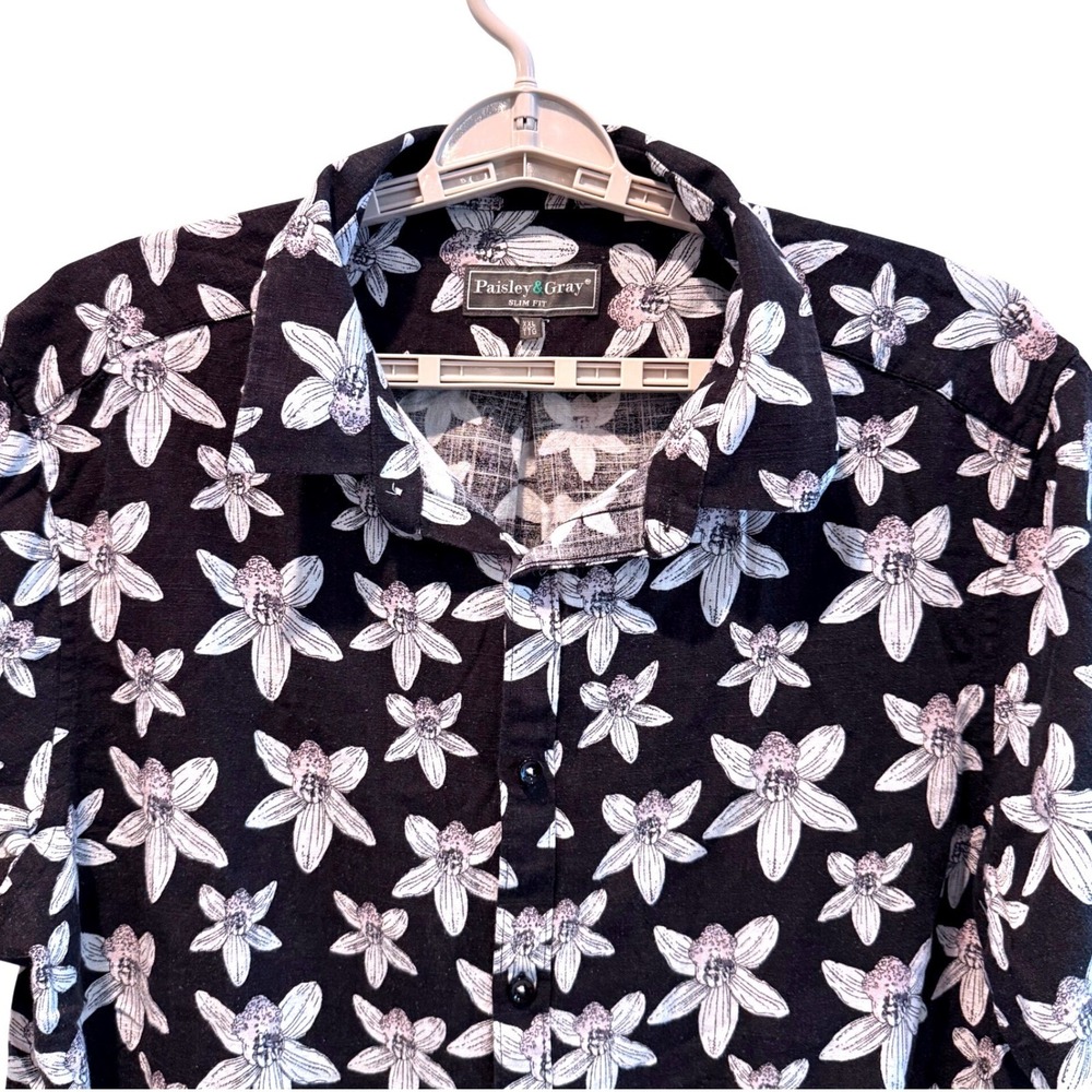 Paisley & Gray Mens XXL Slim Fit Linen Blend Floral Short Sleeve Shirt Black